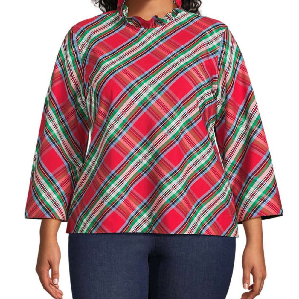 Lands' End Women's 3/4 Sleeve Ruffle Blouse 2X Poinsettia Plaid
